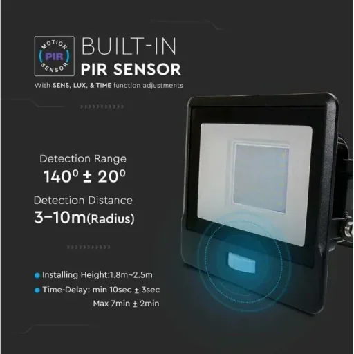 VT-138S LED Floodlight with Sensor - 30 W - 2340 Lm - 6500K - Black