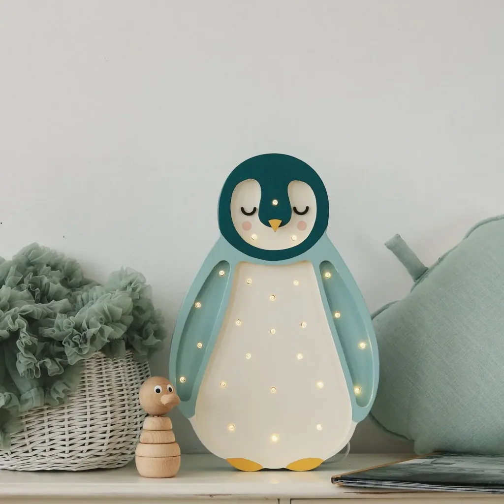 Little Lights Children's Night Light Penguin, 100% Natural Pine Wood, Color: Turquoise Green