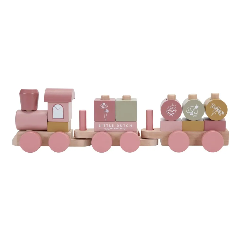 Little Dutch Wooden Train Set with Shape-Sorting Blocks, Wild Flowers - Stacking Toy with Shapes & Numbers