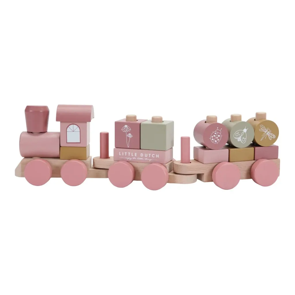 Little Dutch Wooden Train Set with Shape-Sorting Blocks, Wild Flowers - Stacking Toy with Shapes & Numbers