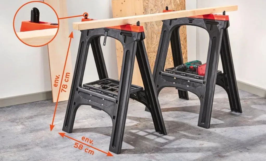 Plastic all-purpose trestle set of 2, load capacity per trestle 200 kg, orange with perforated storage plate