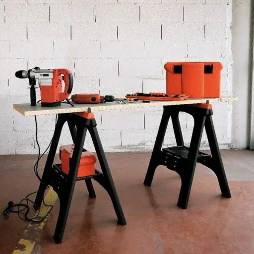 Plastic all-purpose trestle set of 2, load capacity per trestle 200 kg, orange with perforated storage plate