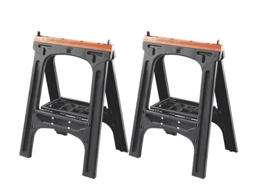 Plastic all-purpose trestle set of 2, load capacity per trestle 200 kg, orange with perforated storage plate