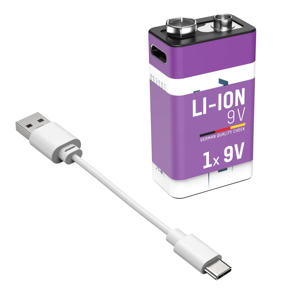 Lithium Ion 9V E-Block Battery USB-C 1 piece, safety shutdown
