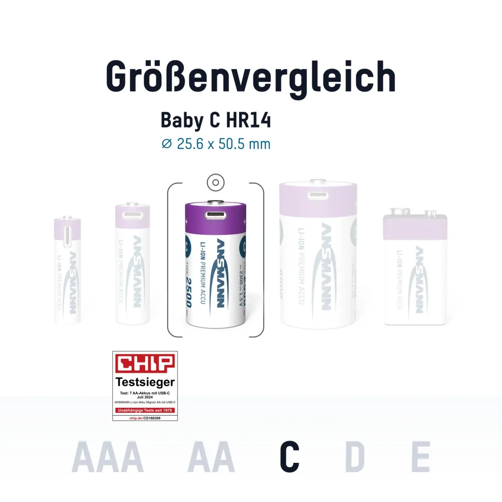 Lithium Ion Baby (C) Batteries USB-C - 2 pieces, safety shutdown