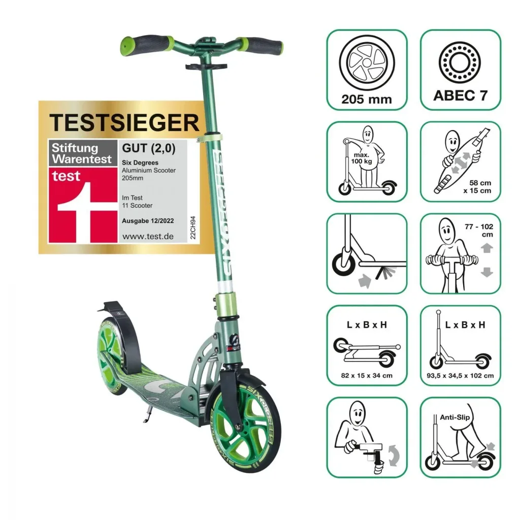 Aluminum scooter with folding mechanism and stand, 205 mm, ABEC 7, height adjustable, green