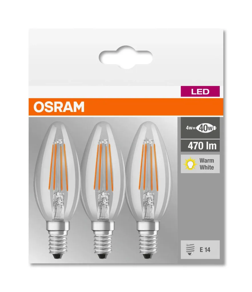 BASE FILAMENT LED candle with 4 watts, E14, warm white, clear - 3 pieces