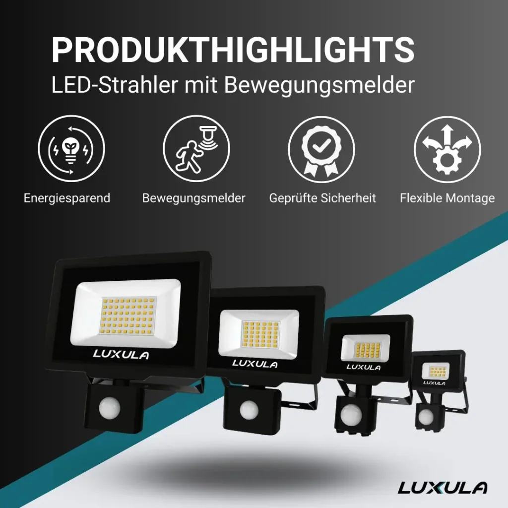 LED floodlight in black with motion detector offers 50 W, 3000 K (warm white), 5000 lm & IP65 protection