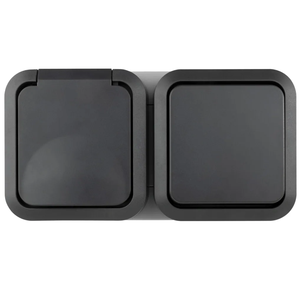 Surface-mounted damp-proof switch/socket with hinged cover, horizontal IP55