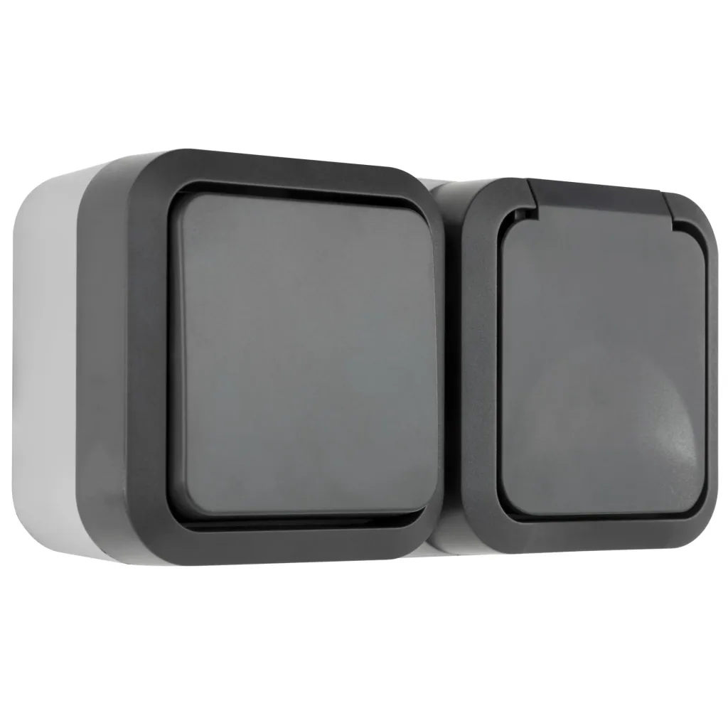 Surface-mounted damp-proof switch/socket with hinged cover, horizontal IP55