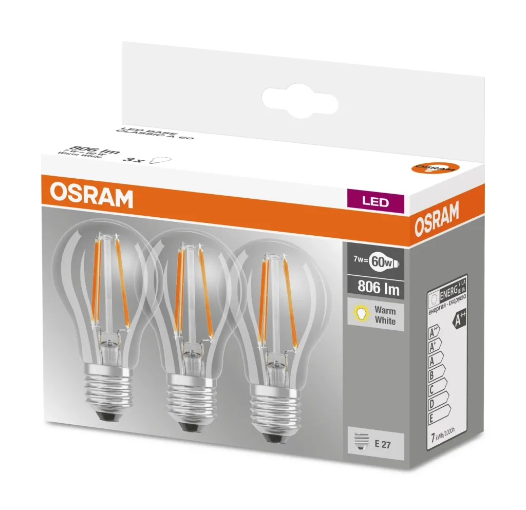 BASE FILAMENT LED lamp with 7 watts, E27, warm white, clear - 3 pieces