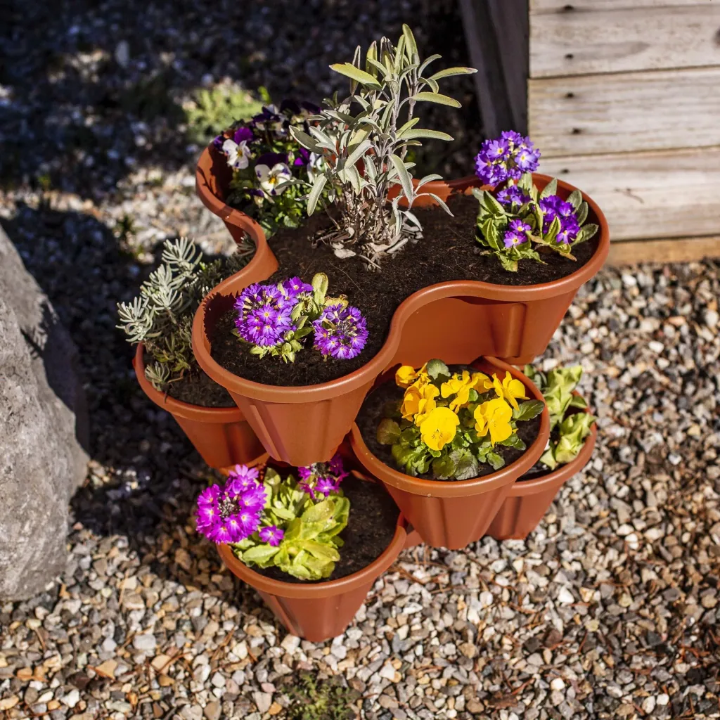 Plant pots, plant tower, stackable, terracotta, set of 3