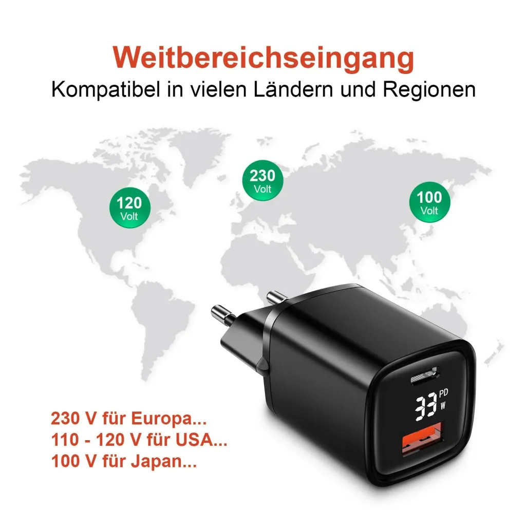 Dual USB charger with USB-C / A port with fast charging function, 33 Watt PowerDevice
