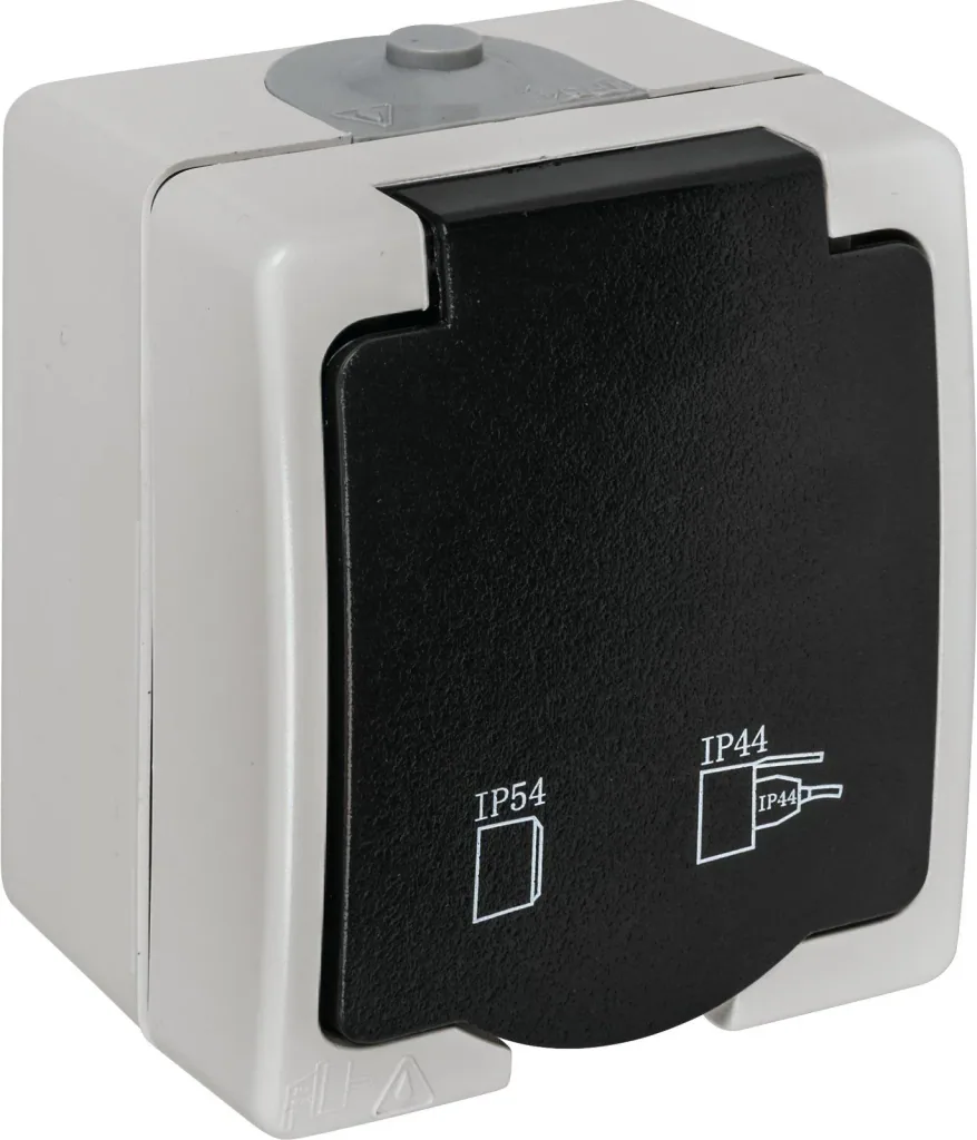 Surface-mounted damp room earthed socket 1-way with hinged cover, 2-pole