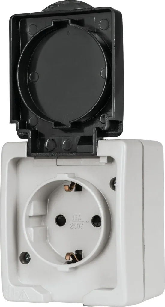 Surface-mounted damp room earthed socket 1-way with hinged cover, 2-pole
