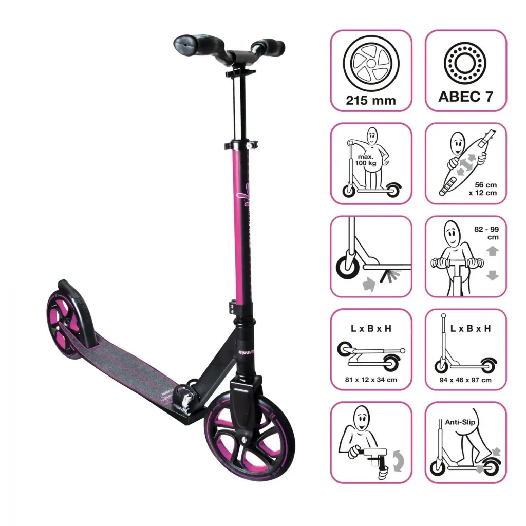 Aluminum Scooter Pro, 215 mm, ABEC 7, for children and adults, GS-tested, height-adjustable, pink