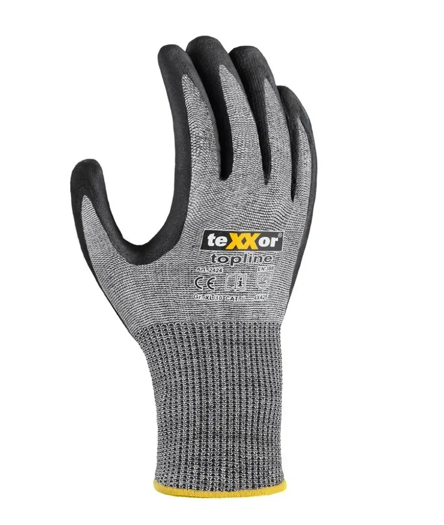 Cut-resistant knitted gloves with sanded nitrile coating, size 10