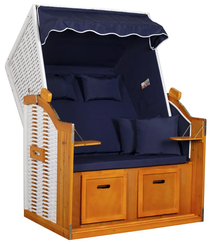Beach chair "Ostsee" plain blue solid wood frame / weatherproof artificial rattan (white)