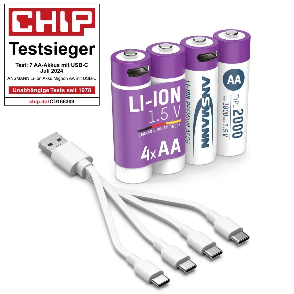 Lithium Ion Mignon (AA) batteries USB-C - 4 pieces, safety shutdown