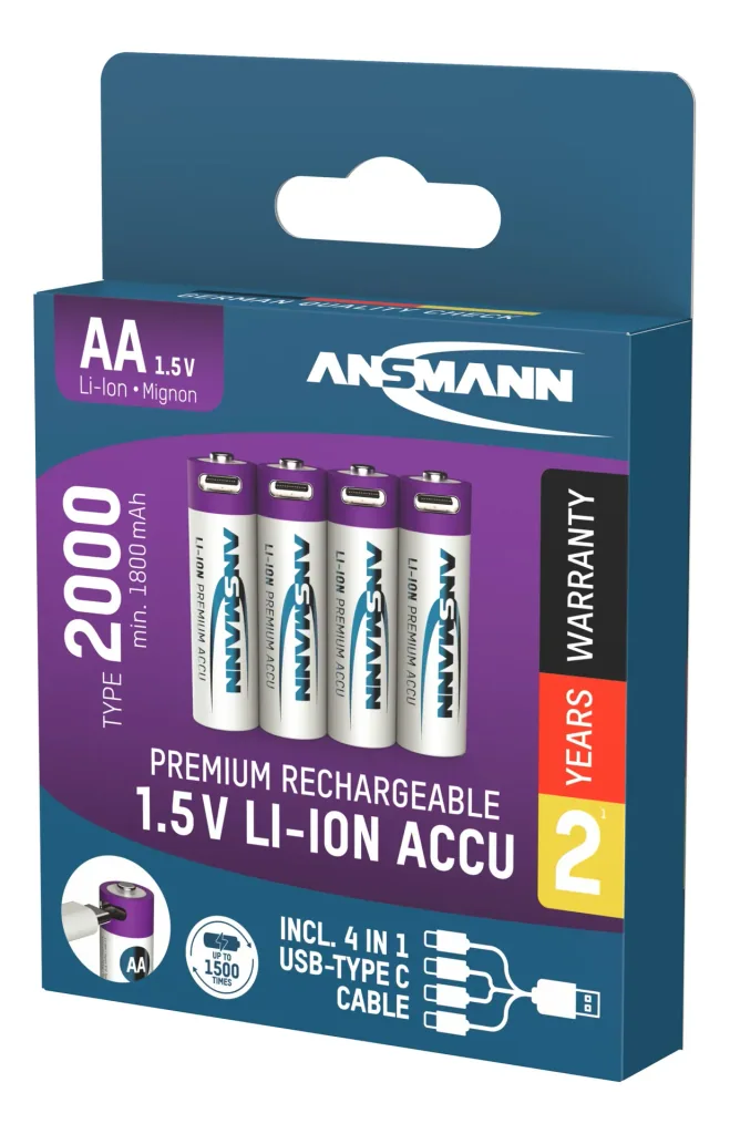 Lithium Ion Mignon (AA) batteries USB-C - 4 pieces, safety shutdown