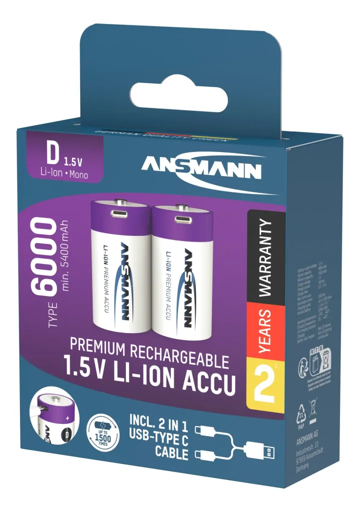 Lithium Ion Mono (D) Batteries USB-C - 2 pieces, safety shutdown