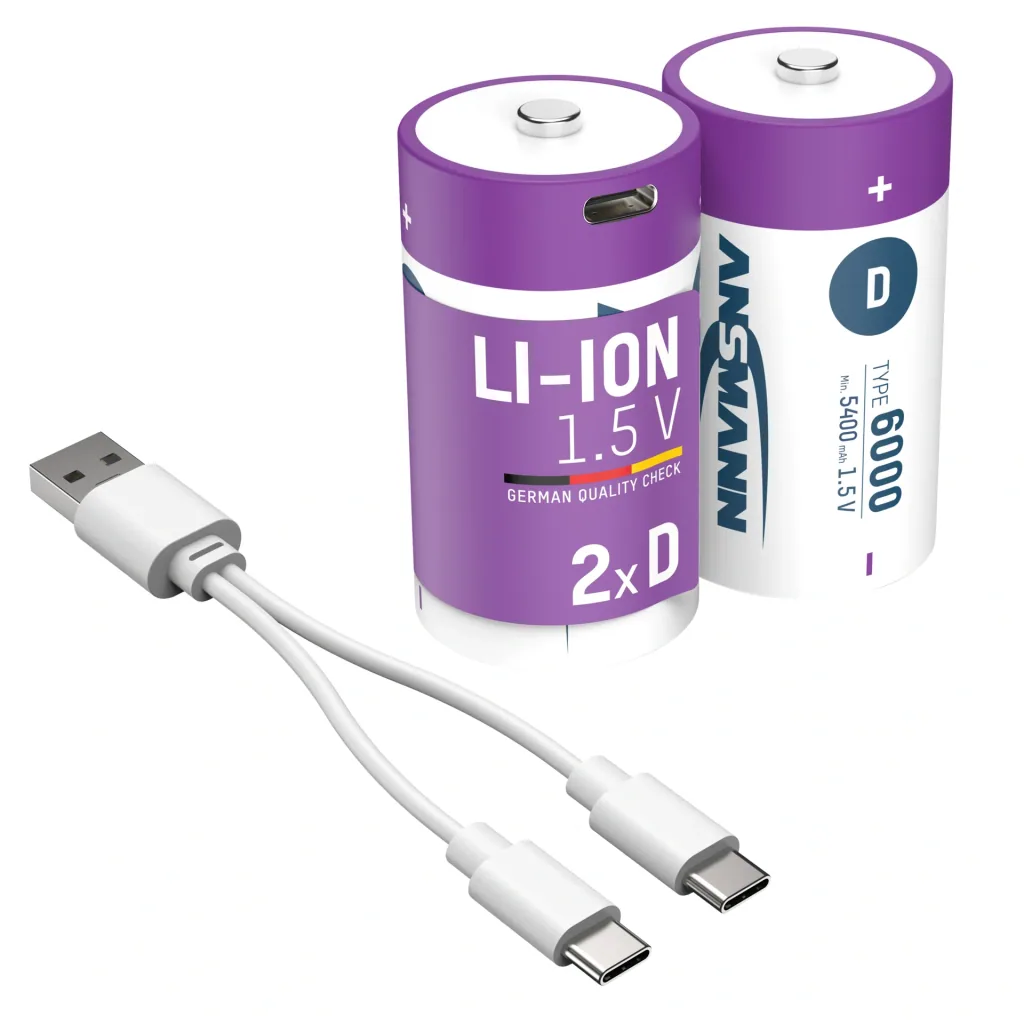 Lithium Ion Mono (D) Batteries USB-C - 2 pieces, safety shutdown