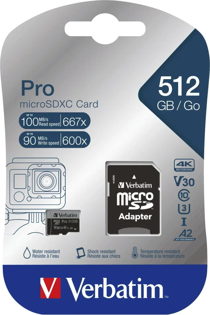 512 GB microSDXC memory card with SD card adapter, U3, UHS-I