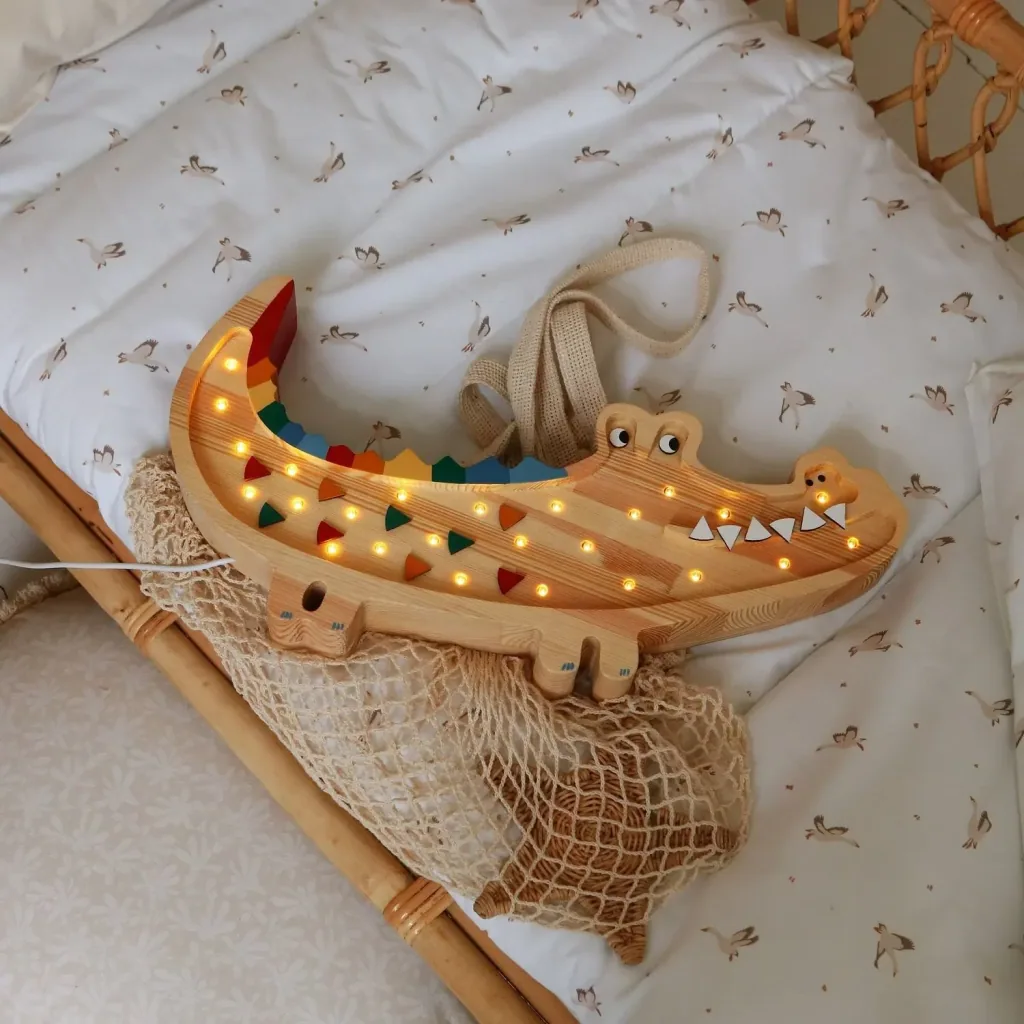 Little Lights Kids Night Light, Night Lamp Crocodile - 100% Natural Pinewood, Color: Caribbean Wood