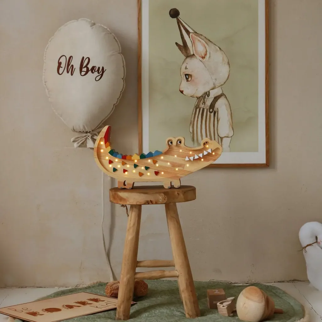 Little Lights Kids Night Light, Night Lamp Crocodile - 100% Natural Pinewood, Color: Caribbean Wood