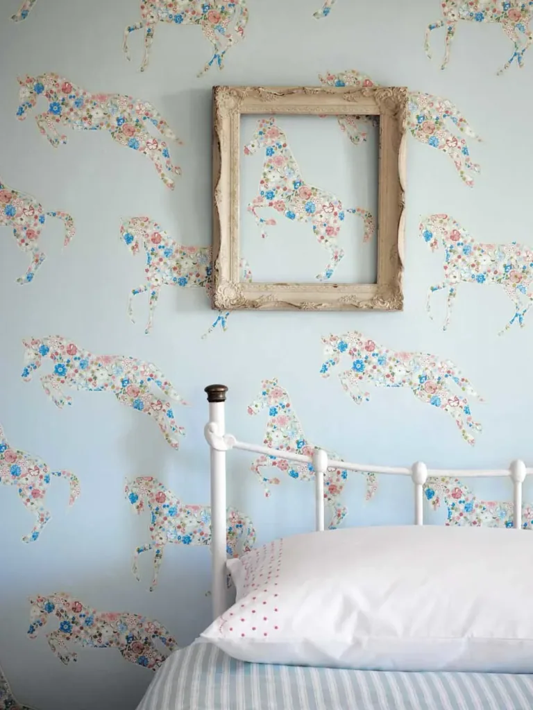 Little Sanderson Abracazoo motif fabric applies horses cream light blue