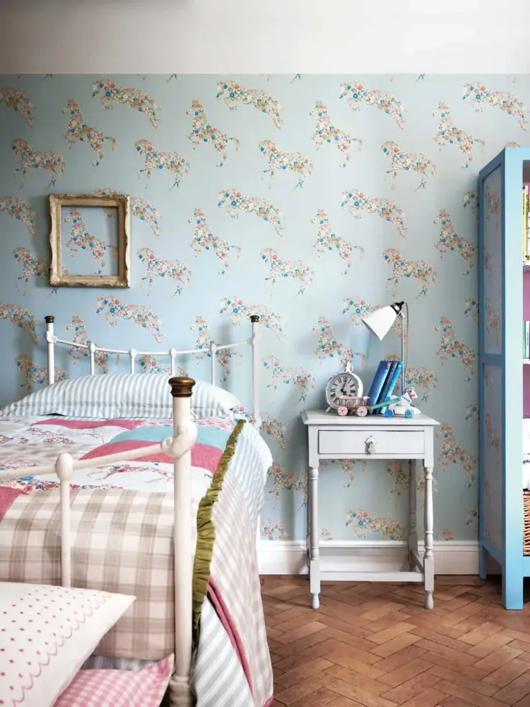 Little Sanderson Abracazoo motif fabric applies horses cream light blue