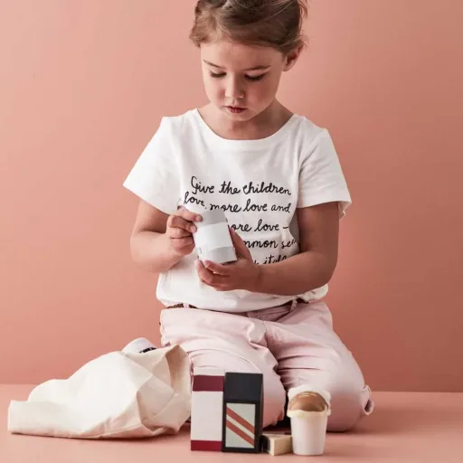 Kids concept wood food with fabric bag