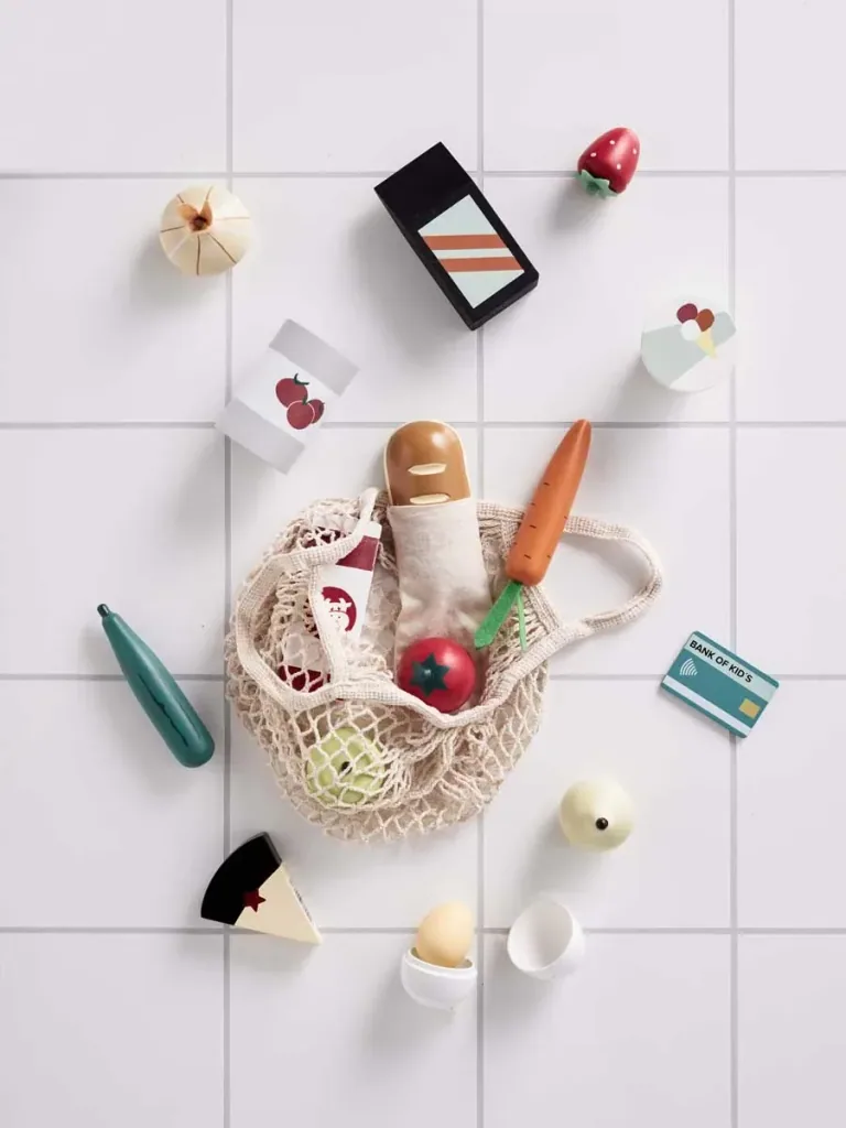 Kids concept wood food with fabric bag