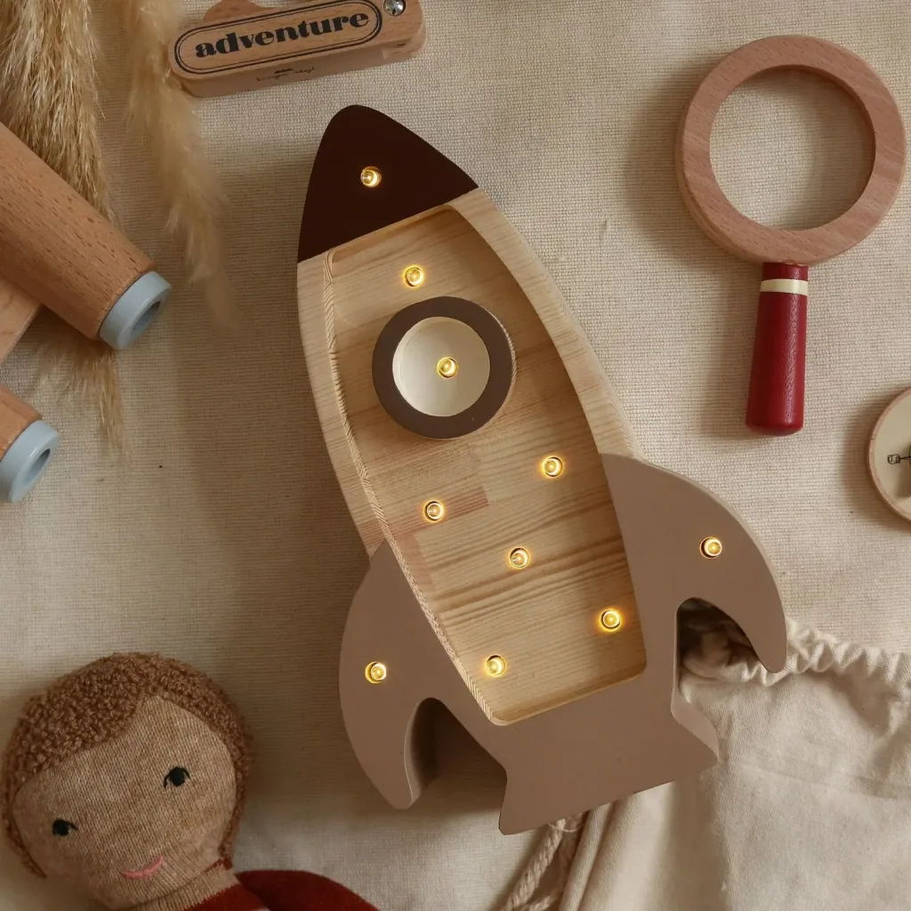 Little Lights Children's Night Light, Mini Rocket Ship – 100% natural pinewood, Cappuccino finish