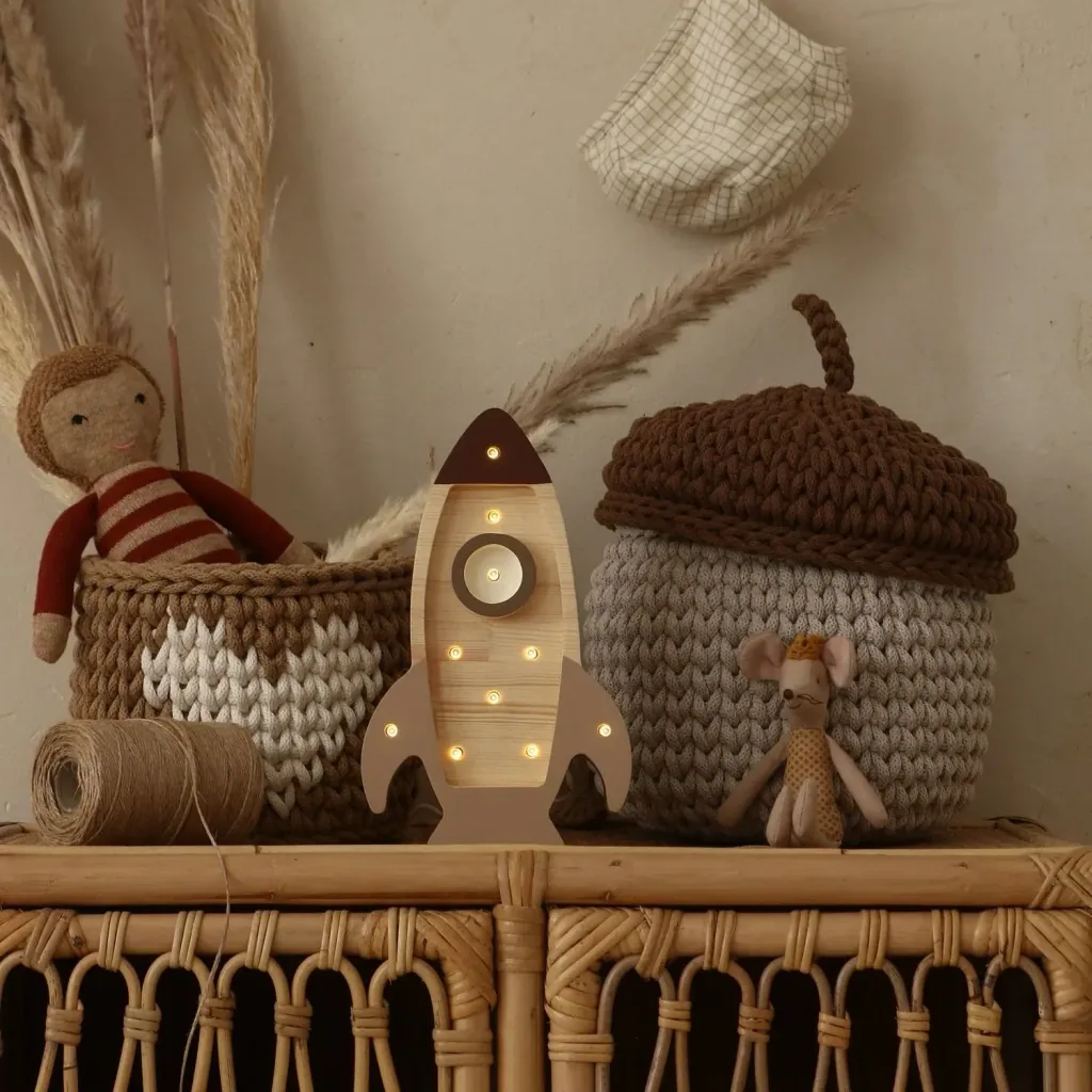 Little Lights Children's Night Light, Mini Rocket Ship – 100% natural pinewood, Cappuccino finish