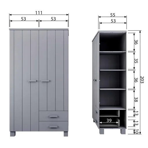 Wood 2 door cupboard drawer Dennis concrete gray