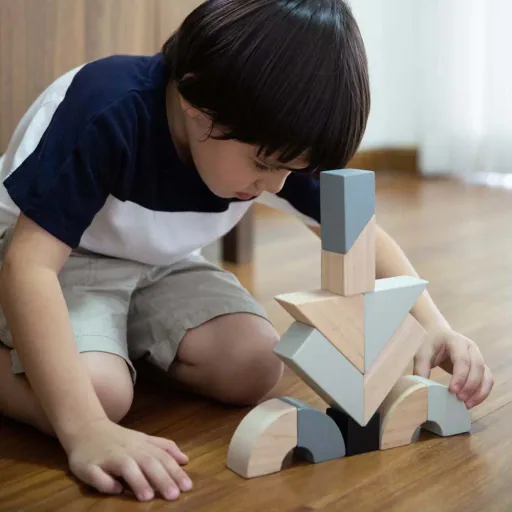 Plan toys rotatable wooden blocks gray black wood