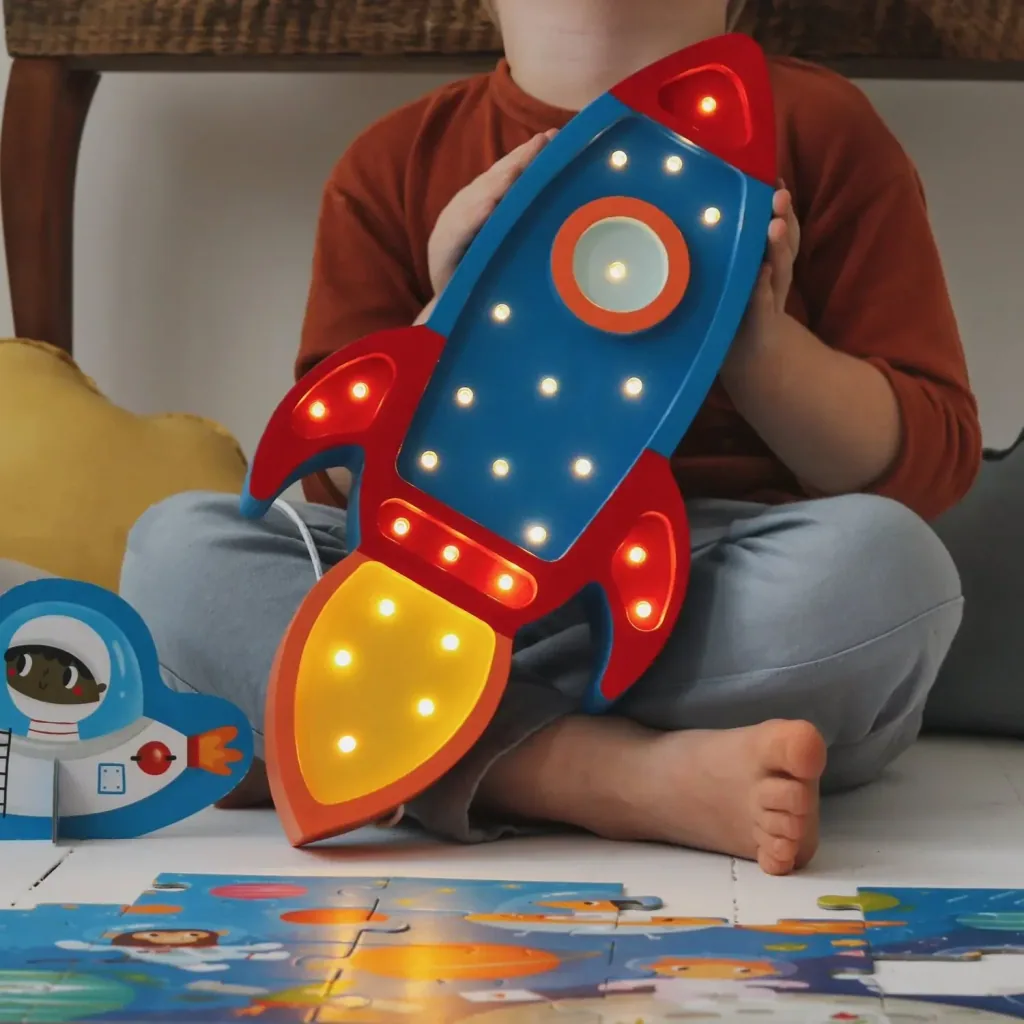Little Lights Kids Night Light, Night Lamp Rocket Ship – 100% Natural Pine, Color: Navy Blue/Red