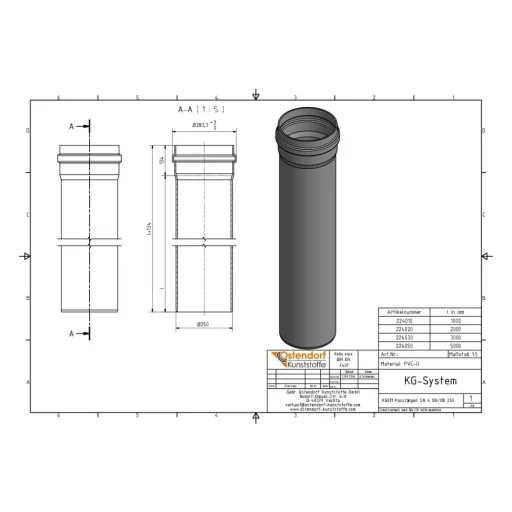 Sewer Pipe, DN/OD 250 x 1000 mm, SN4, PVC Drain Pipe