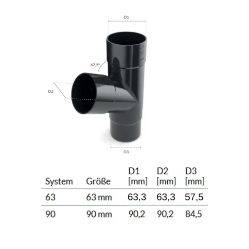 Graphite Rain Gutter T-Piece, 63mm Downspout Connector