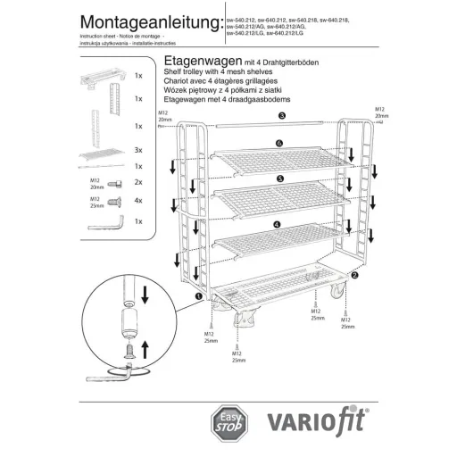 Shelf Trolley with 4 Wire Mesh Shelves Galvanized 400 kg Load Capacity Type L + EasySTOP
