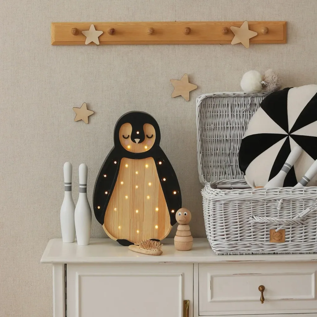 Little Lights kids night light, penguin night lamp - 100% natural pine wood, color: Arktisches Holz