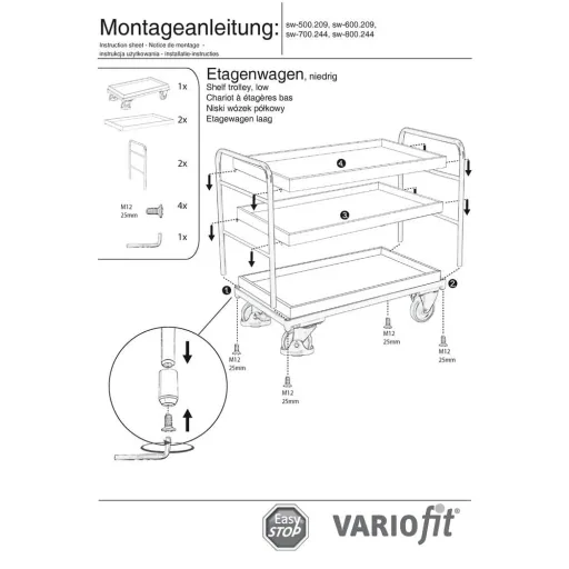 3-Tier Utility Cart, Service Cart, Rolling Tool Cart with EasySTOP, 250 kg Capacity