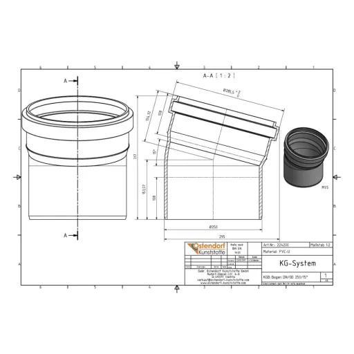 Sewer Pipe, KGB Bogen DN/OD 250, 15 Grad, Drainage Pipe, PVC Pipe
