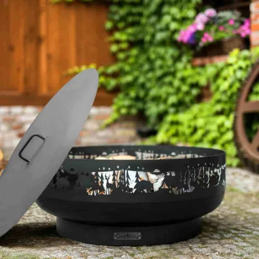80cm Garden Fire Pit Bowl, Steel Forest Design