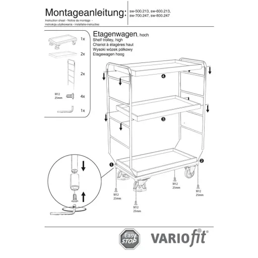 High Shelf Trolley 3 Trays 250 kg Load Capacity Type XL + EasySTOP