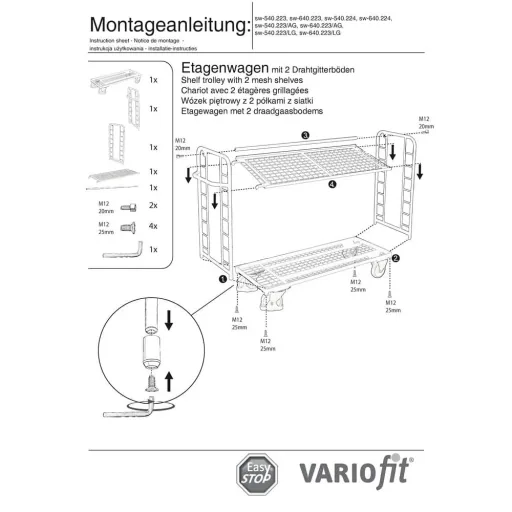 Shelf trolley with 2 wire mesh shelves powder-coated 400 kg load capacity Type L + EasySTOP