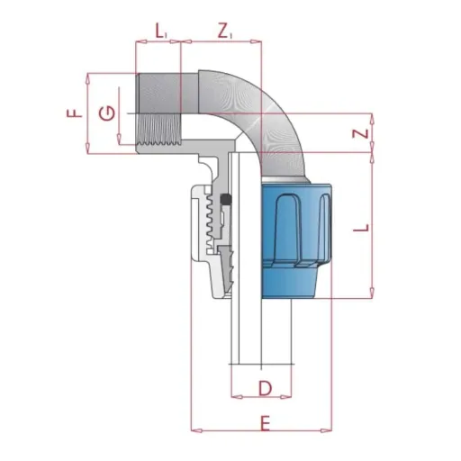 PP PE Pipe Fitting 90° Elbow 32 x 1/2" IG
