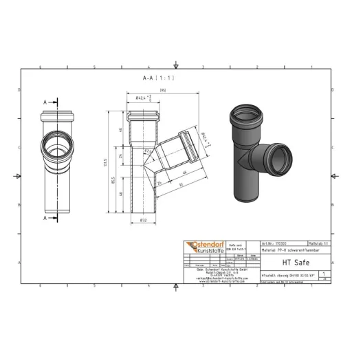 32mm 67 Degree Waste Pipe Branch, DN32 HTsafeEA