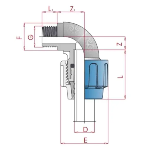 PP PE Pipe Fitting 90° Elbow 20 x 3/4" Male Thread